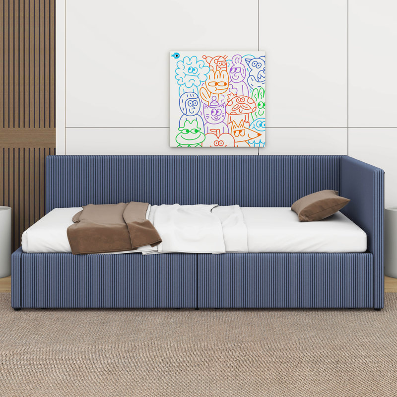 Twin Size Corduroy Upholstered L Shape Corner Bed With Two Drawers And Vertical Striped Design, Blue