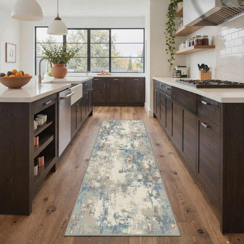 Abstract Strokes Machine Washable Azure Blue Indoor Area Rug With Non-Slip Backing, Runner 2'3" x 6'