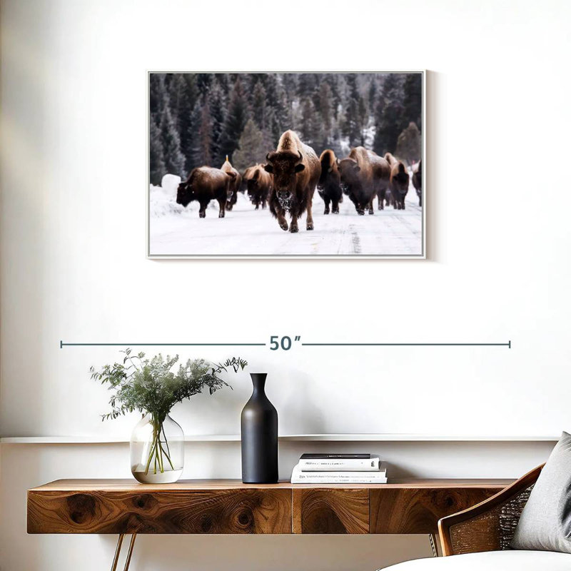 Winter Bisons, Floating Frame White, 31" X 21"