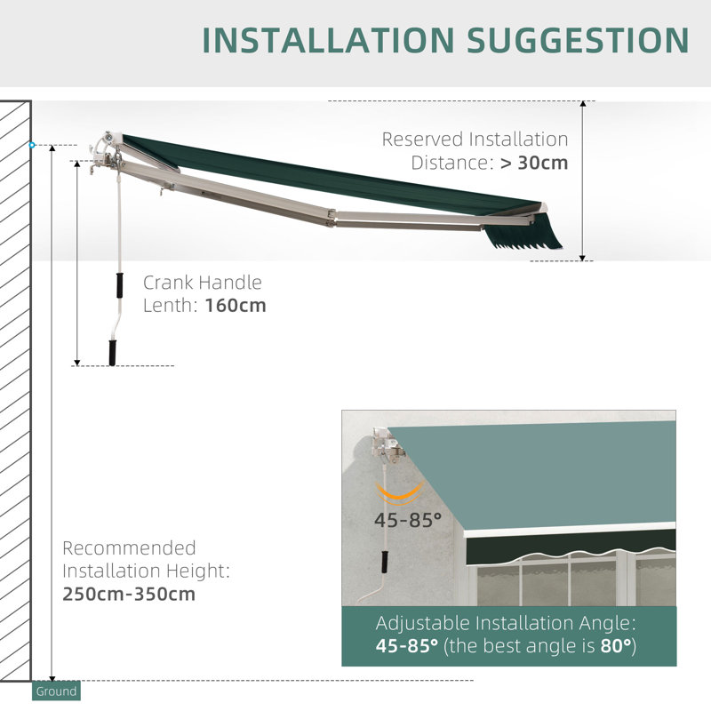 Tuttle Retractable Awning Anti-UV Canopy, 250 cm W x 200 cm D, Green