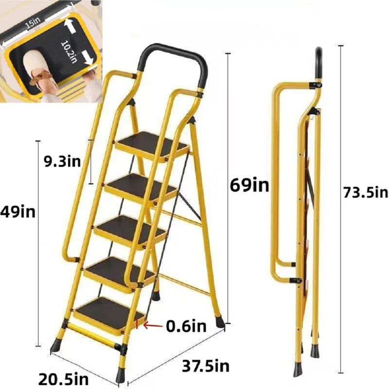 Escabeau pliant en acier à 5 marches avec main courante rembourrée, large tabouret à pédale antidérapant pouvant supporter jusqu'à 500 lb