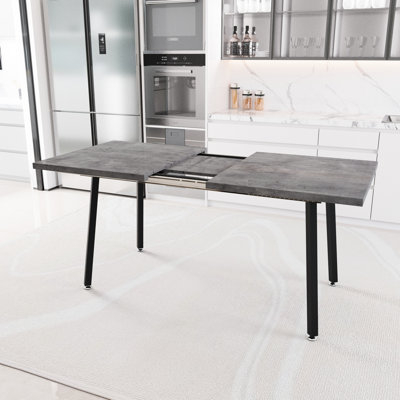 Expandable Home & Kitchen Dining Table, Rectangular , Grey With Black Metal Legs, Medieval Industrial Theme For Family Rectangular, Grey, Style, Design