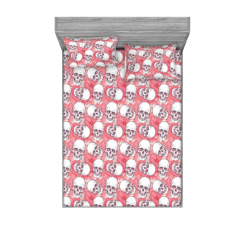 Ambesonne Fitted Sheet & Sham Set 2 Pcs Skeleton Heads Meadow Pattern Twin Coral and Dark Blue Grey