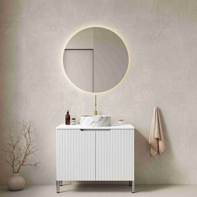 Meuble-lavabo de salle de bain 30 po avec lavabo, meuble de rangement autoportant avec lavabo rond en céramique à 2 portes avec motif en pierre et comptoir de Carrare, sans robinet