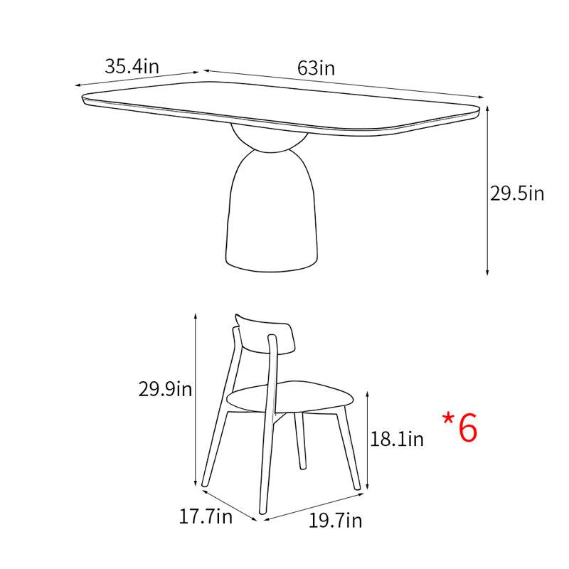 Simple home rectangular dining table set, 29.5"H x 63"L x 35.4"W