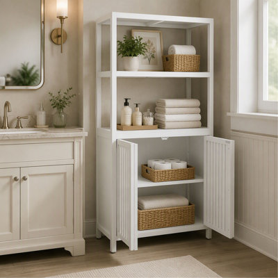 Armoire de rangement en bambou blanc avec 2 portes, armoire de plancher autoportante pour le salon et la cuisine