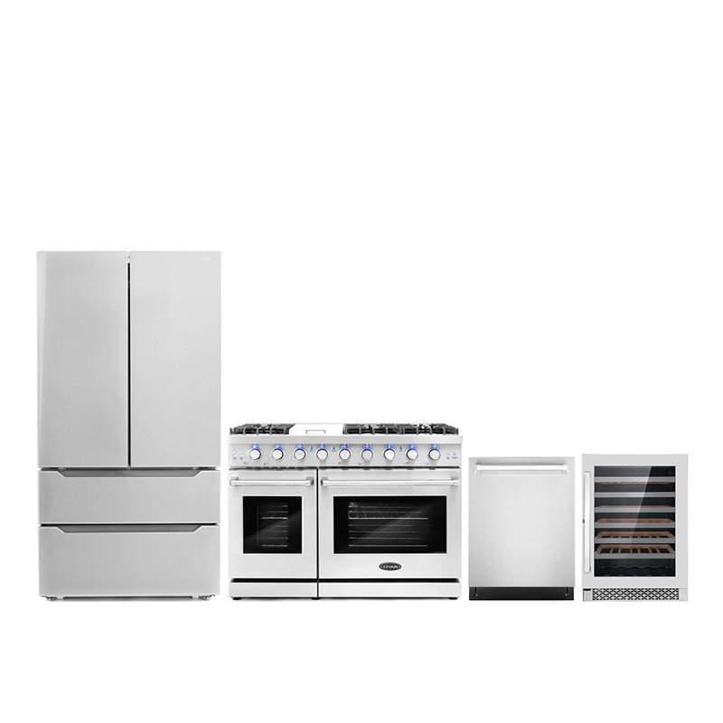 Cosmo 4 Piece Kitchen Appliance Package with French Door Refrigerator 48'' Gas Freestanding Gas Built-In