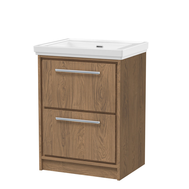 Hudson Reed Lille 600mm Graphite Grey Woodgrain 2 Drawer  Floor Standing Vanity Unit With Fireclay Basin, Antique Oak, 63cm W
