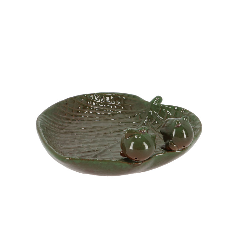 Ceramic Leaf Bird Bath with Frogs