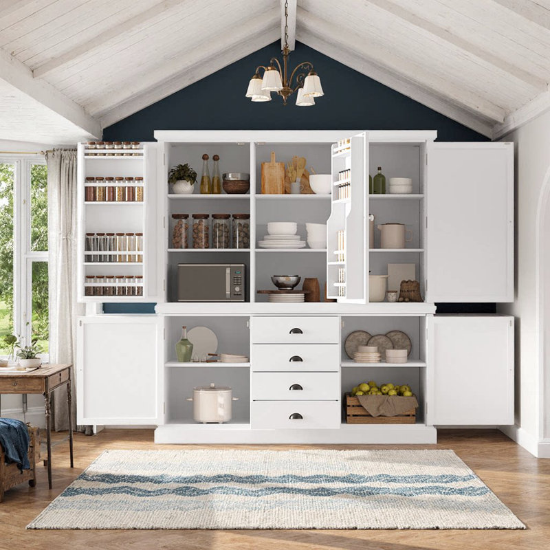 Garde-manger autoportant en bois de pin avec tiroirs et tablettes réglables, Blanc