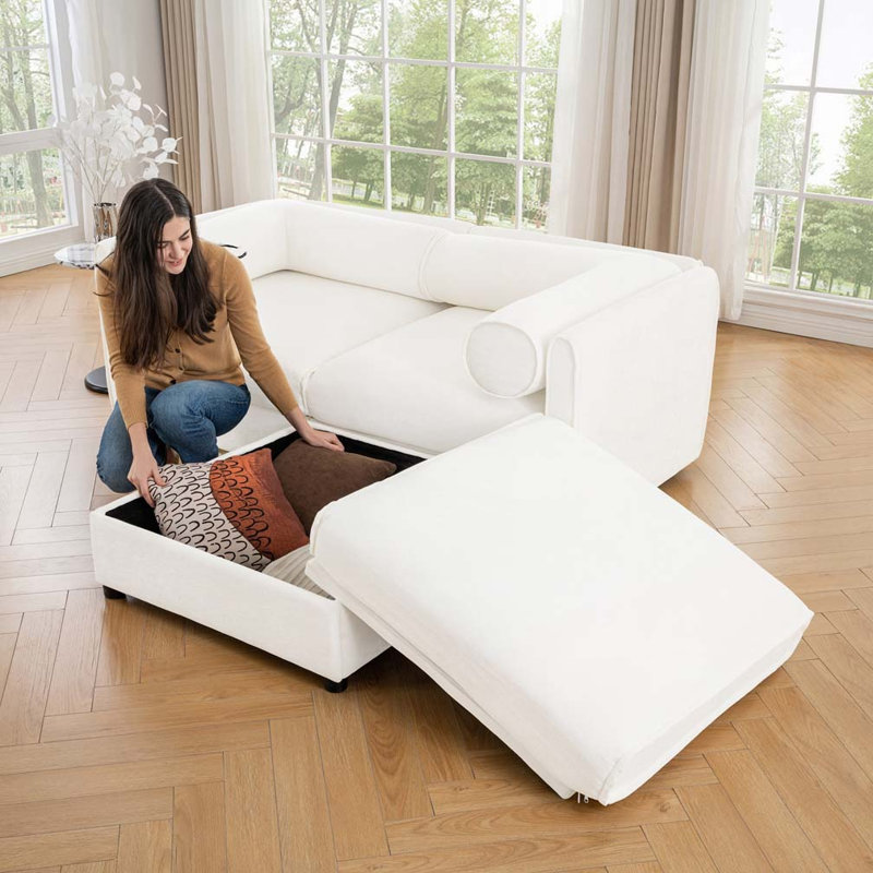 Canapé en chenille 3 places avec repose-pieds, H 27,9 po x l 75,5 po x P 37,4 po, 2, Blanc