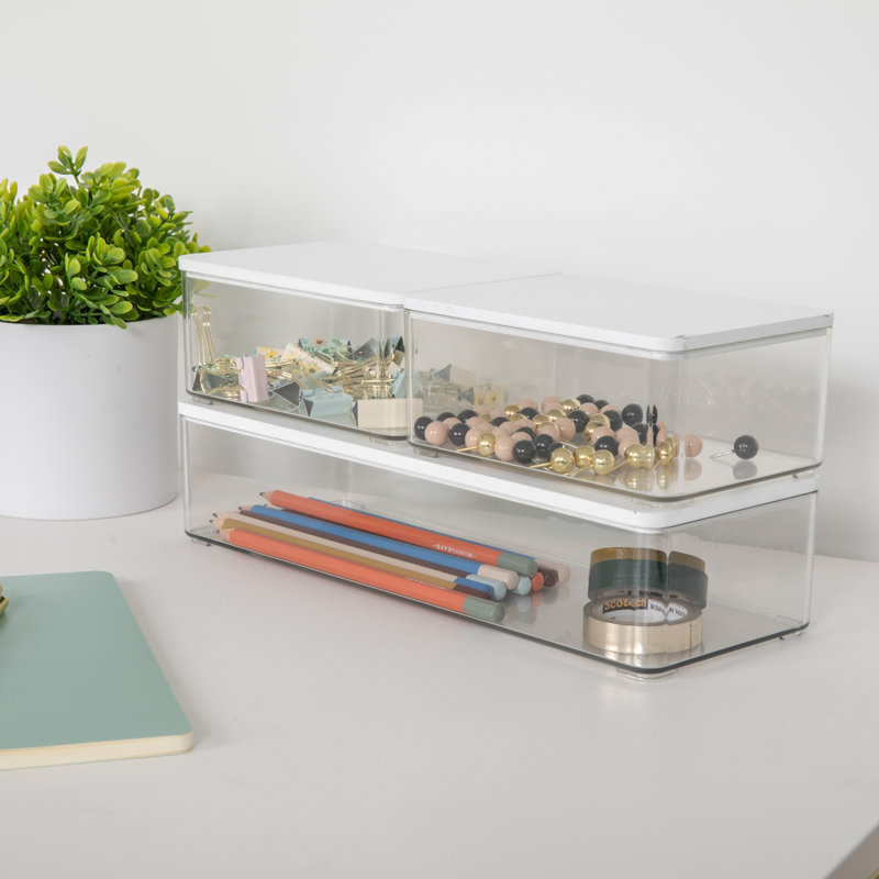 Thomas Martha Stewart Stackable Plastic Storage Box Set with Wooden Lids, Clear/White