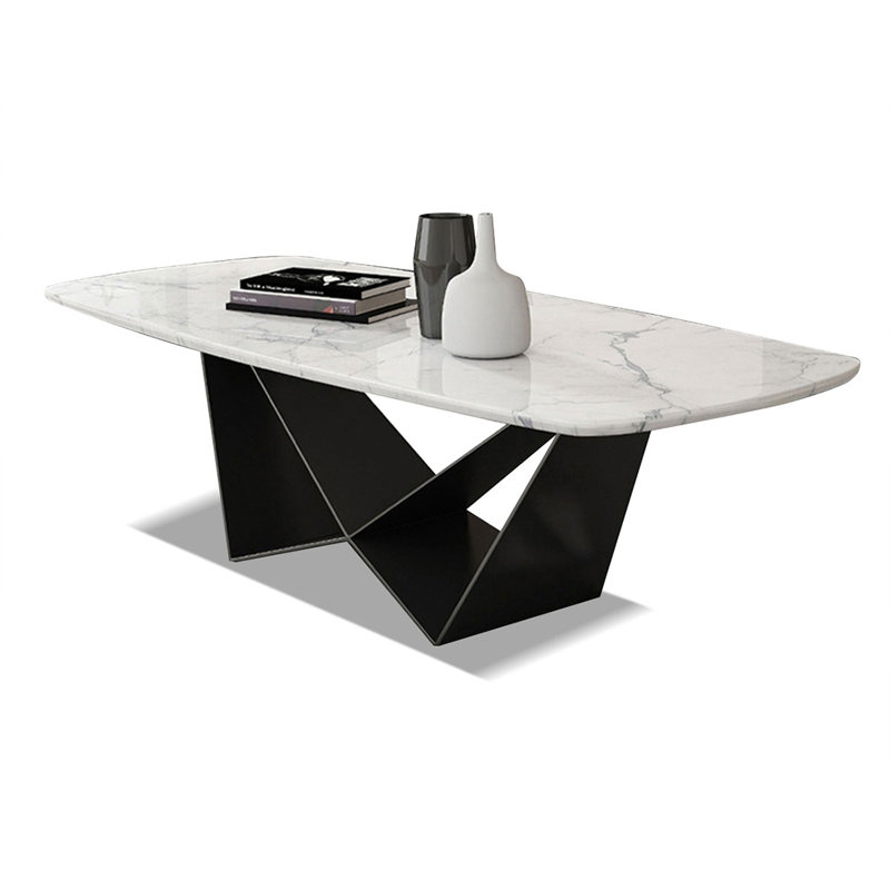 White Marble Rectangular Coffee Table, 17.72" H x 55.12" W x 27.56" D, White / Black