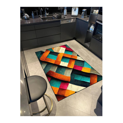 Multicolored Overlapping Patterned Woven Base And Washable Carpet