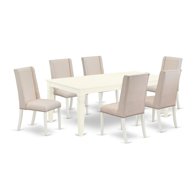 Ensemble de table de salle à manger 7 pièces composé d'une table de cuisine rectangulaire avec rallonge papillon et 6 chaises en tissu crème