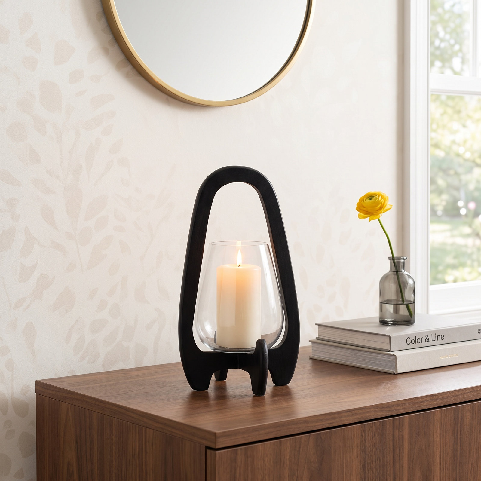 Mango Wood Lantern Candle Holder, 15" H x 8" W x 8" D, Black