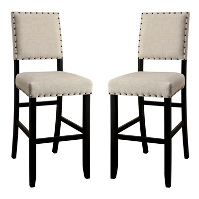 Chaises de hauteur comptoir de style rustique pour salle à manger, 2 pièces, revêtement en lin beige et chaises en bois massif de fabrication noire, 2 pièces, avec placage industriel patiné