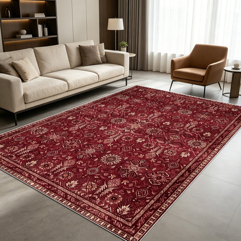 1PC Vintage Burgundy Floral Geometric Persian area rugs for Living Room, Soft, All seasons, Easy-maintain, Washable Indoor mat, Farmhouse suitable for for Dining Table, Kitchen Nook, Bedroom Suite...