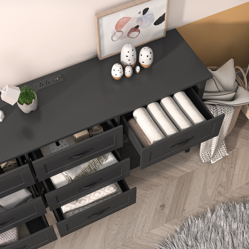 Commode 9 tiroirs avec station de charge Johneka, Noir