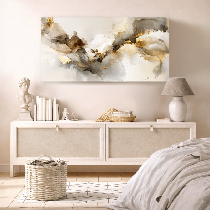 Toile abstraite dorée, H 27,5 po x l 55 po