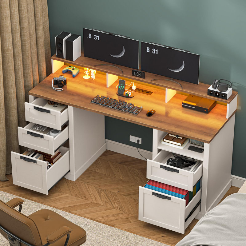 61" Farmhouse Executive Desk With LED Lights And Power Outlets, Brown/White