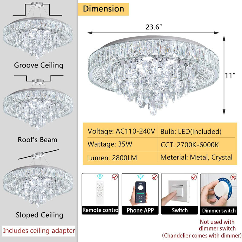 Lustre moderne en cristal à intensité variable, Argent argent