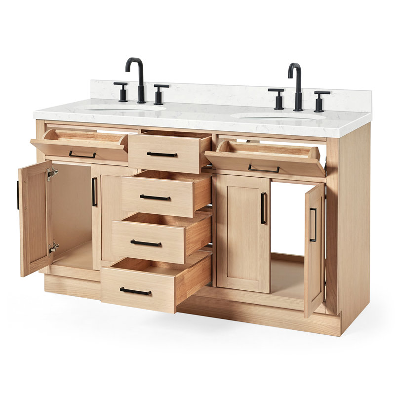 Meuble-lavabo double en bois massif Thornaby avec plateau en quartz Carrara de 1,5 po, Chêne naturel / noir mat, Ovale