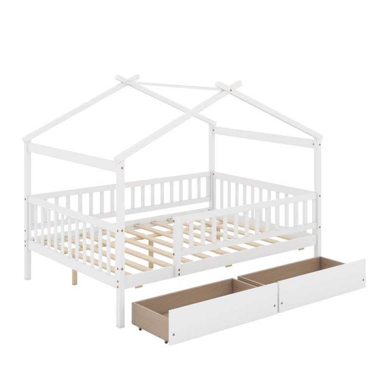 Full Size Wooden House Bed With Drawers, Blanc