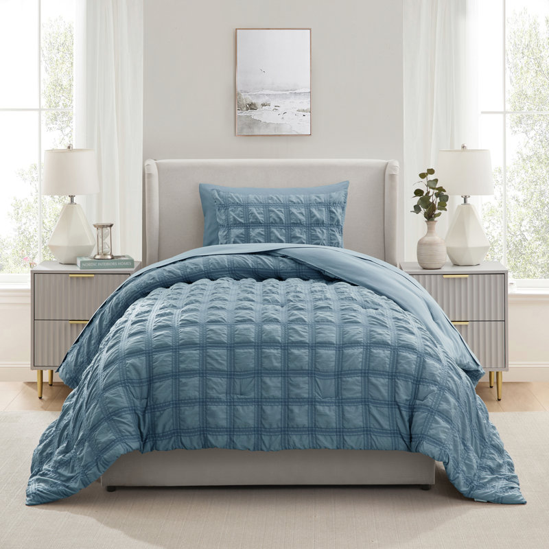 Bed in a Bag Seersucker Diamond Stitch 5 Piece Comforter Set, Stone Blue, Twin