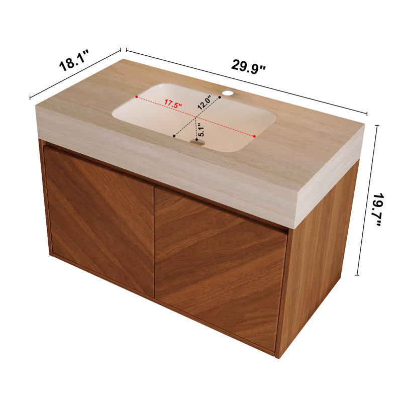 Meuble-lavabo suspendu moderne de 76 cm avec lavabo en céramique – Fermeture amortie