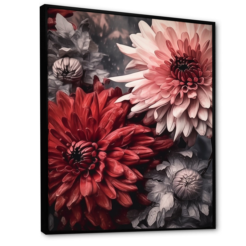 «White Peach Mums Blossoms», reproduction sur toile, H 32 po x l 24 po x P 1 po, Cadre flottant noir
