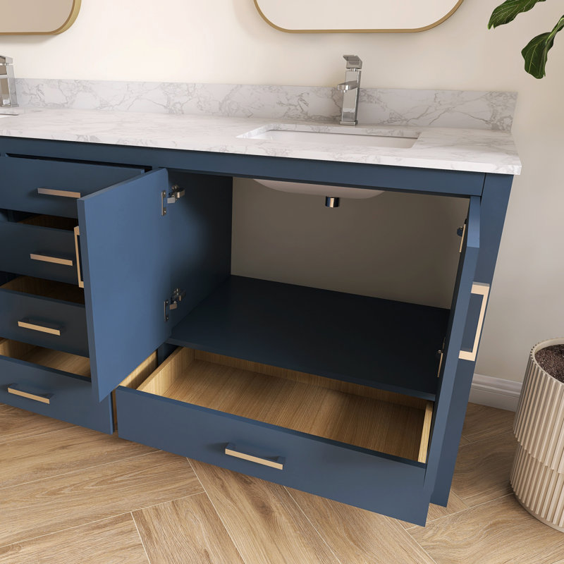 Meuble-lavabo double 84 po Aura avec plateau et dosseret en marbre d'ingénierie Aura, 84", Bleu