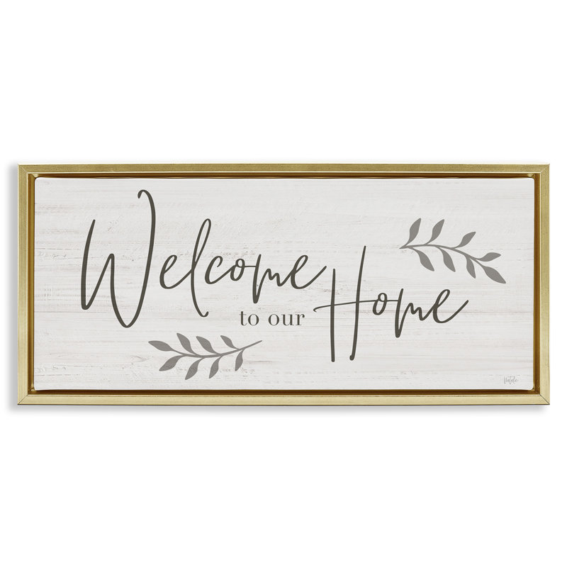 Panneau «Welcome To Our Home Country», Cadre flottant métallique doré, H 14 po x l 31 po