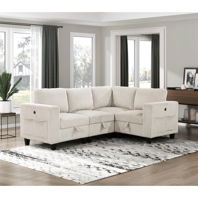 4-Piece Modular Sectional With Storage Seats, Beige Fabric