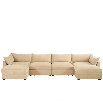 U Shape 4 Seater Deep Seat Sofa With 2 Movable Ottomans, Chenille Wheat Fabric, And Storage Drawers Under Each Seat