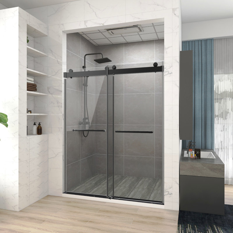 48 In. W X 76 In. H Freestanding Double Sliding Frameless Shower Enclosure In Matte Black Finish, Matte Black