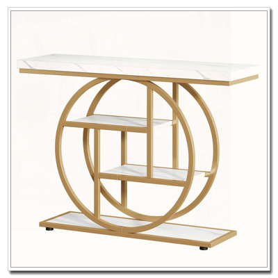Table console industrielle à quatre niveaux avec rangement et piètement circulaire