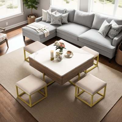 Walnut Lift-Top Coffee Table Set with Storage & 4 Ottomans