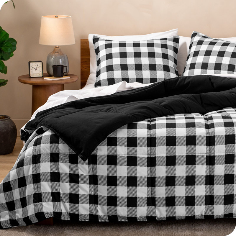 Ensemble d'édredon en duvet synthétique, Édredon pour grand lit + 2 taies décoratives, Vichy noir / blanc