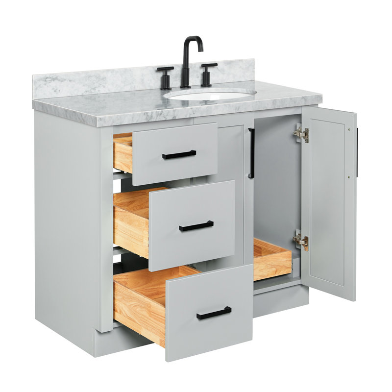 Meuble-lavabo de salle de bain avec lavabo ovale simple décalé à droite de 43 pouces et comptoir en marbre blanc de Carrare de 1,5 pouce d'épaisseur, couleur grise.