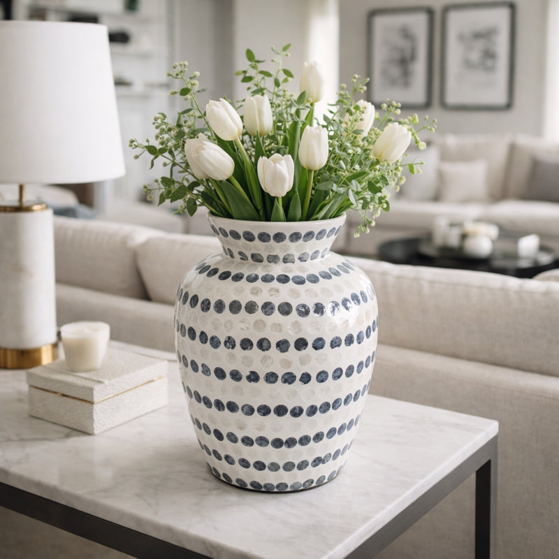 Decorative Vase With Dots Pattern For Home Decor - Statement Capiz Tall Flower Vase For Living Room Accent - Floor Inspired Vase For Entryway Display - 12", Ivory & Blue