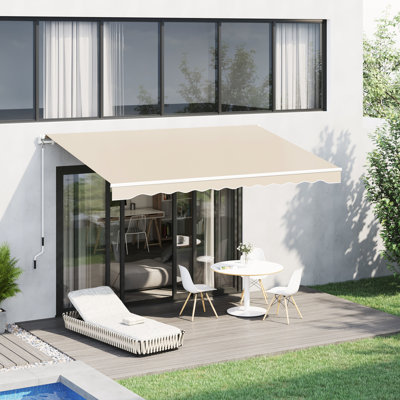 Auvent de patio beige 13 pi x 8 pi. Et eau - tissu, cadre en aluminium. Manivelle manuelle simple. Option de fixation multi-surface. Parasol réducteur de chaleur polyvalent pour terrasse et balcon. Soleil fort extérieur