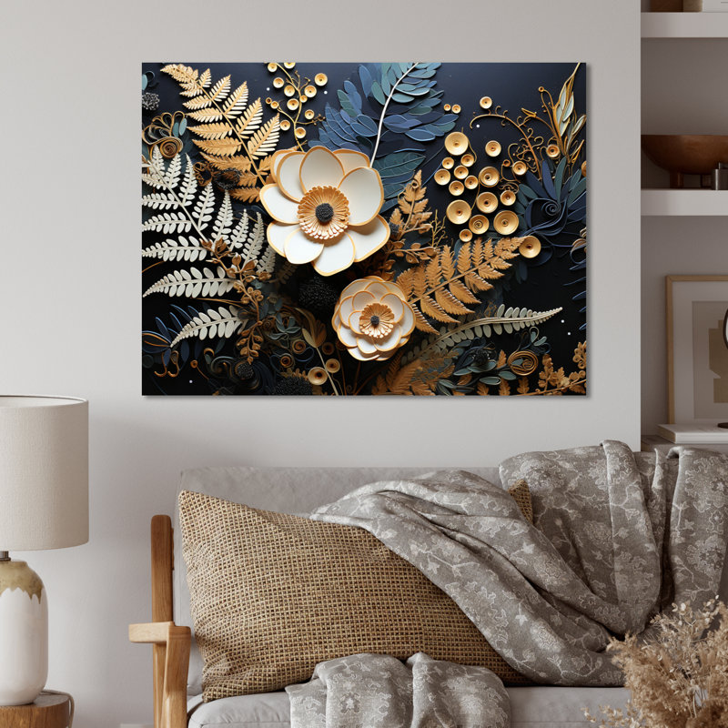 Ferns Copper Elegance I - impression florale sur métal, H 16 po x l 32 po x P 1 po
