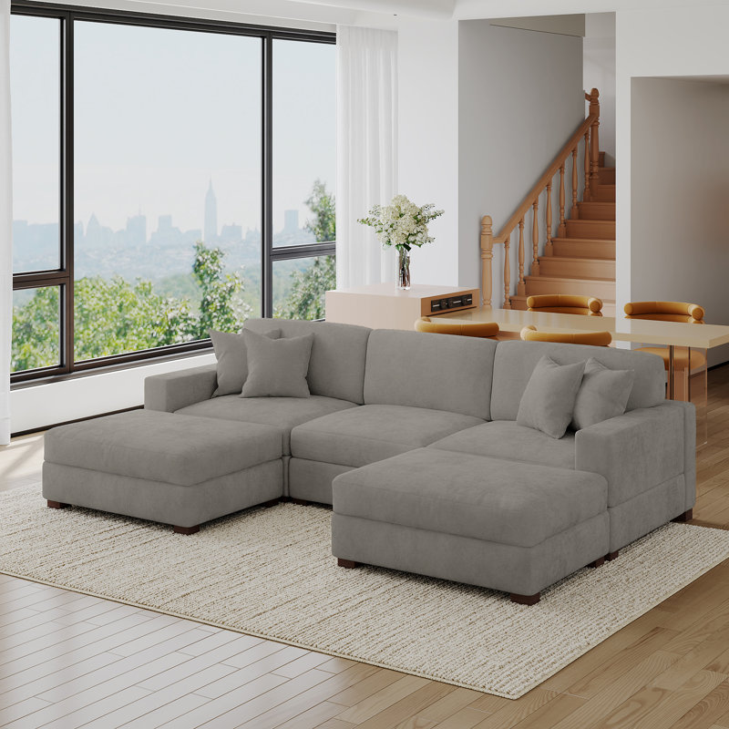 5 - Piece Upholstered Gray Chenille Modular Sectional Sofa with Throw Pillows & Removable Ottomans, Gray Chenille