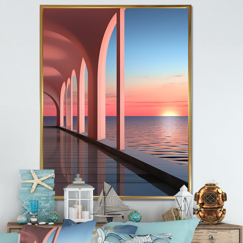 «Sunset Coastal Architecture Serenity I», reproduction sur toile, Cadre flottant doré, H 44 po x l 34 po x P 1,5 po