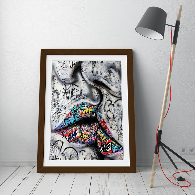 Lovers Kiss Graffiti - Single Picture Frame Print on Canvas, 35cm H x 26cm W, Brown