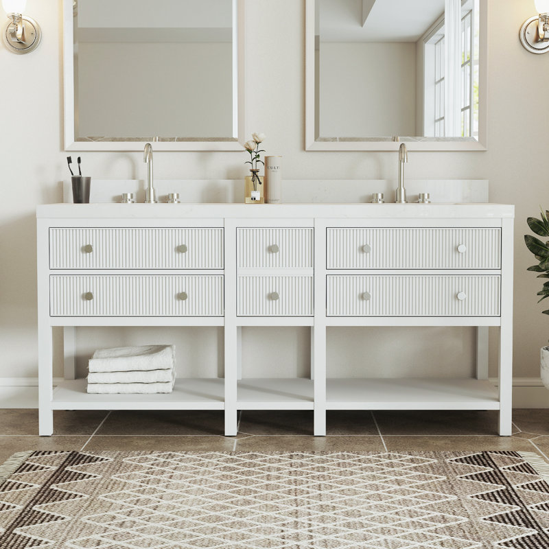 Quartz Single Vanity with Ceramic Sink, Classic White, 72"