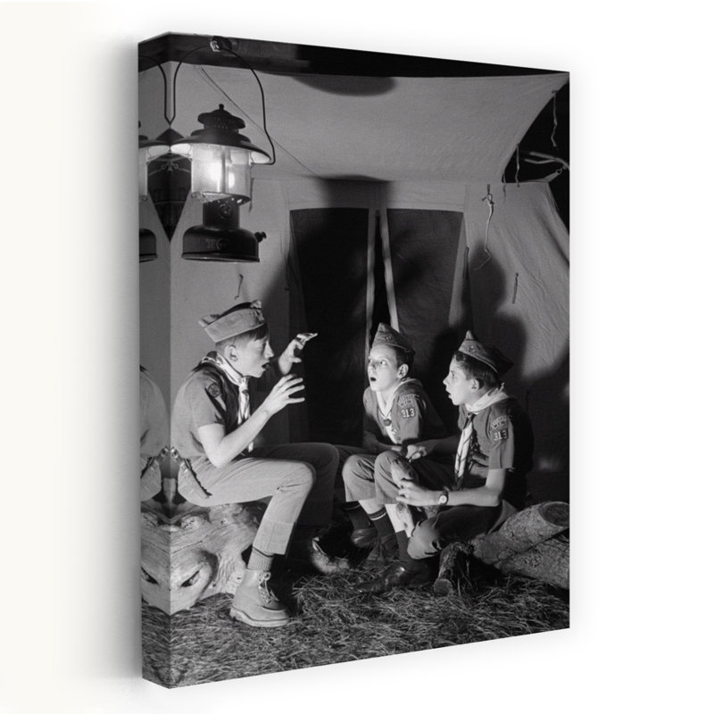 «1960S 3 Boy Scouts Sitting Tent Night Telling Ghost Stories», art mural rétro classique rétro, H 24 po x l 16 po