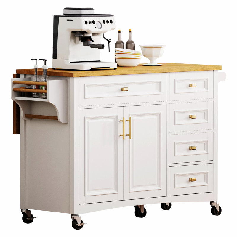 Kitchen Island With Drop Leaf And 5 Drawers, Kitchen Storage Cart With Adjustable Shelf For Kitchen, White