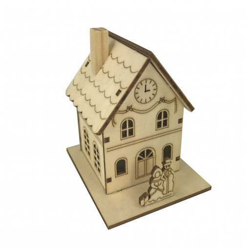 Petite maison en contreplaqué avec lumières crème